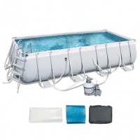 New Bestway - 18ft x 9ft x 4ft Rectangular Above Ground Swimming Pool w/ Ladder & Pump - Gray